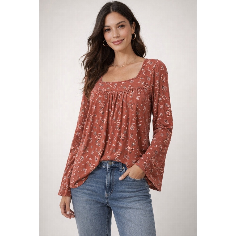 Lucky Brand Womens Orange Floral Square Neck Bell Sleeve Lettuce Edge Top Medium